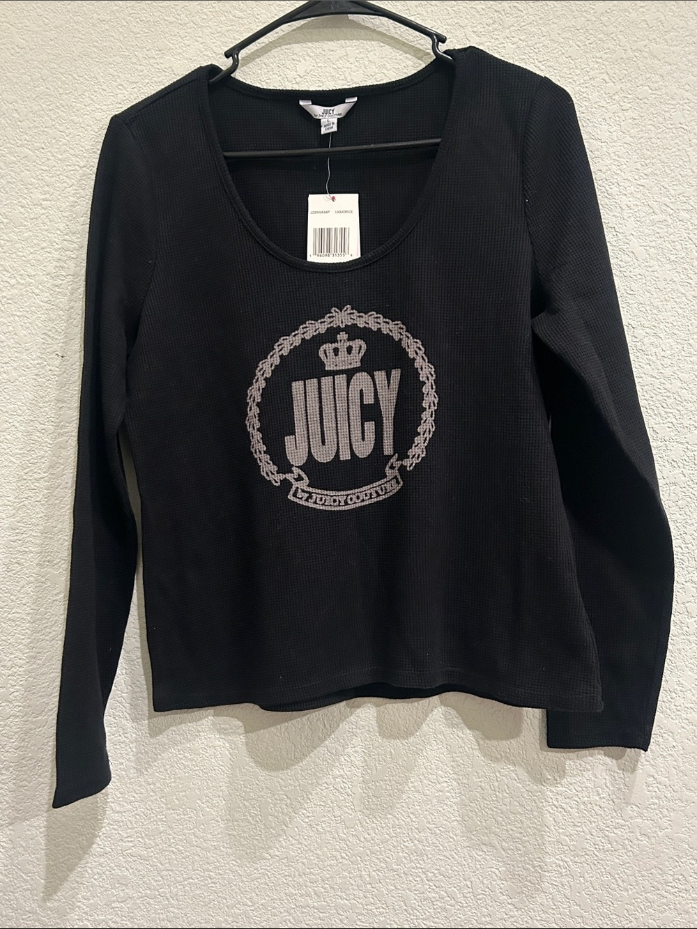 Juicy Couture Black Long Sleeve Thermal Top with Silver Logo size L.